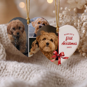 Onze Eerste Kerstmis met Onze Pup 4 Foto Rode Stri Keramisch Ornament