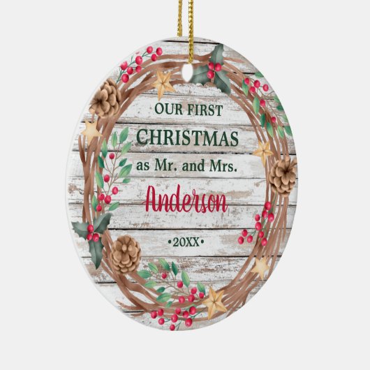 Onze eerste Kerstmis met witte bosbessen Keramisch Ornament (Rechts)