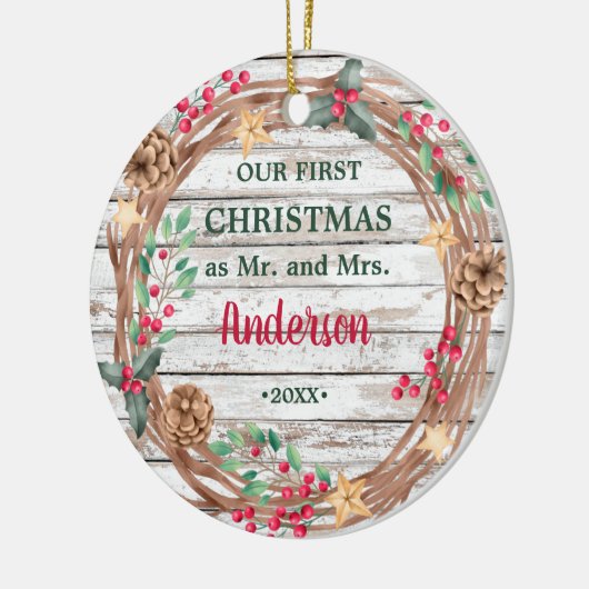 Onze eerste Kerstmis met witte bosbessen Keramisch Ornament (Links)