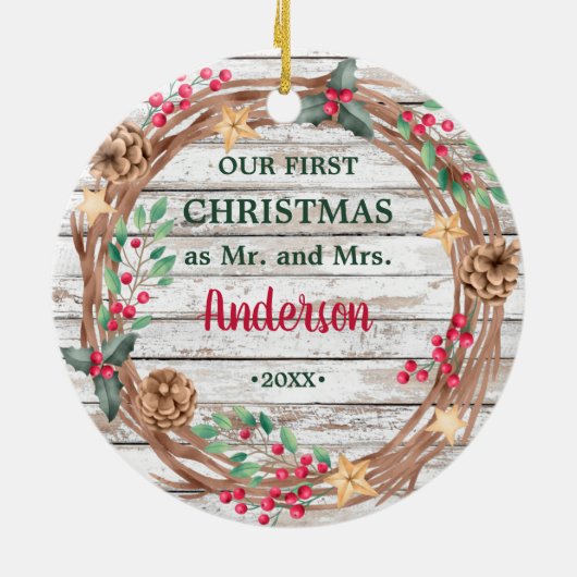 Onze eerste Kerstmis met witte bosbessen Keramisch Ornament (Achterkant)