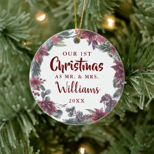 Onze Eerste Kerstmis Mijnheer Mevrouw Bloem Foto Keramisch Ornament (Boom)