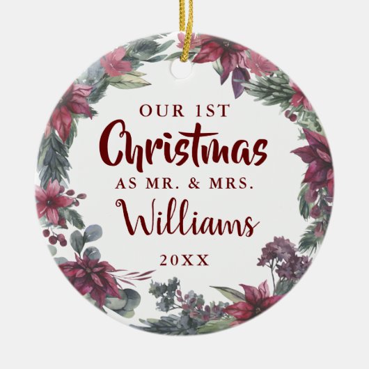 Onze Eerste Kerstmis Mijnheer Mevrouw Bloem Foto Keramisch Ornament (Voorkant)