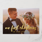 Onze eerste Kerstmis | Modern Twee Foto Folie Feestdagenkaart (Voorkant)