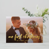 Onze eerste Kerstmis | Modern Twee Foto Folie Feestdagenkaart (Staand Voorkant)