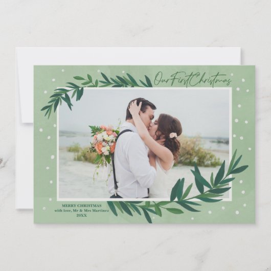 Onze Eerste Kerstmis Moderne Botanische Foto Feestdagenkaart (Voorkant)