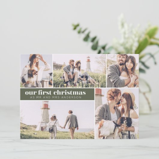 Onze eerste Kerstmis Moderne Foto Collage Kerstmis Feestdagenkaart (Staand voorkant)