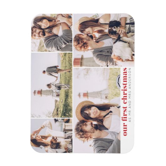 Onze eerste Kerstmis Moderne Foto Collage Kerstmis Magneet (Verticaal)
