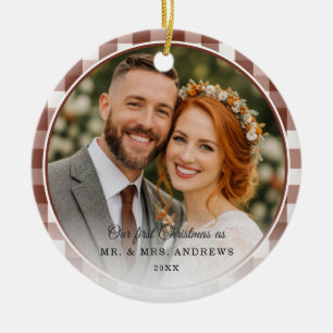 Onze Eerste Kerstmis-Mr. & Mrs. Foto Bruine Gingha Keramisch Ornament