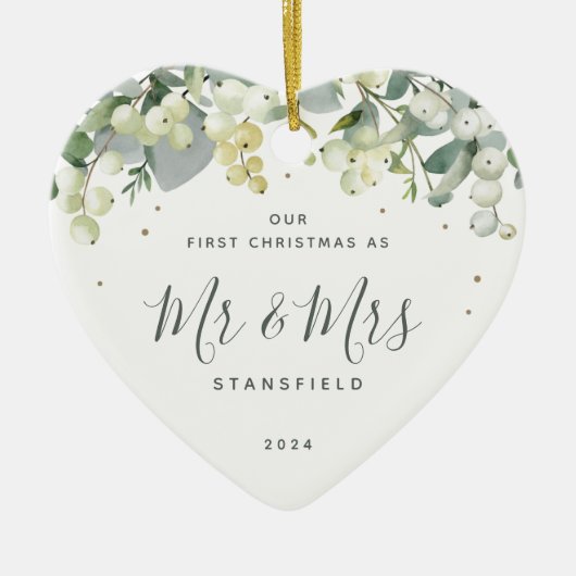 Onze eerste Kerstmis, Mr & Mrs. Foto Heart Shaped Keramisch Ornament (Voorkant)