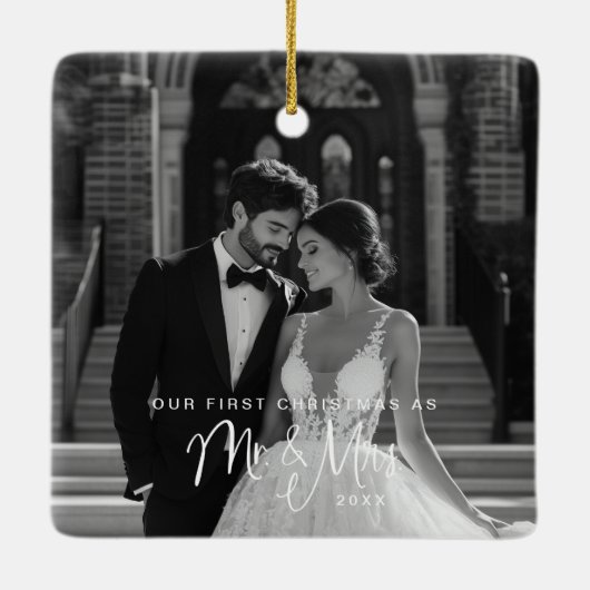 Onze eerste Kerstmis, Mr & Mrs Foto Keramisch Ornament (Achterkant)
