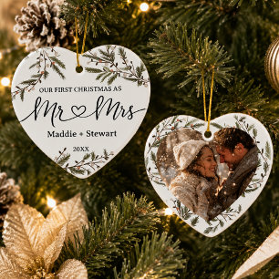 Onze Eerste Kerstmis Mr & Mrs Foto Nieuwgetrouwd H Keramisch Ornament