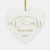 Onze Eerste Kerstmis Mr Mrs Gold Love Heart Script Keramisch Ornament (Voorkant)