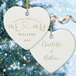 Onze Eerste Kerstmis Mr Mrs Gold Love Heart Script Keramisch Ornament