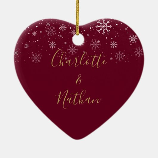 Onze Eerste Kerstmis Mr Mrs Goud Hart Script Sneeu Keramisch Ornament (Achterkant)