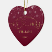 Onze Eerste Kerstmis Mr Mrs Goud Hart Script Sneeu Keramisch Ornament (Links)