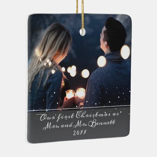 Onze eerste Kerstmis Mrs. & Mr Wedding Foto Keramisch Ornament (Rechts)