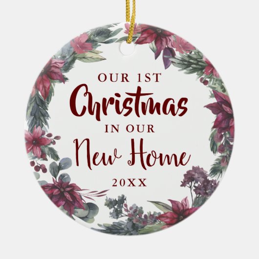 Onze Eerste Kerstmis Nieuwe Thuis Bloemrijke Kerst Keramisch Ornament (Voorkant)