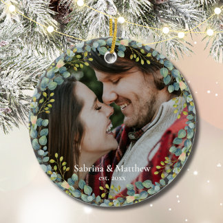 Onze eerste Kerstmis paar foto groen krans Keramisch Ornament