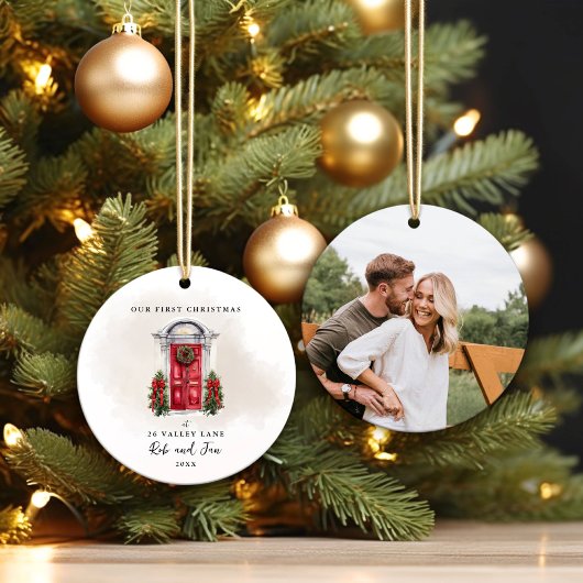 Onze Eerste Kerstmis Rode Deur Paar Foto Keepsake Keramisch Ornament