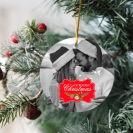Onze eerste Kerstmis Ronde Foto Keepsake Keramisch Ornament