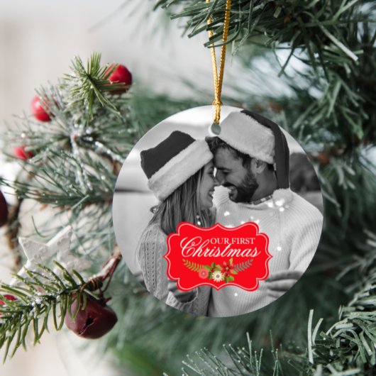 Onze eerste Kerstmis Ronde Foto Keepsake Keramisch Ornament