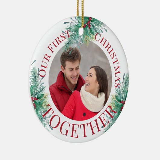Onze eerste Kerstmis samen - aangepaste foto Holly Keramisch Ornament (Rechts)