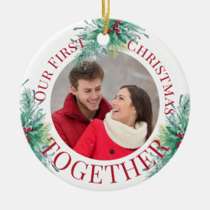 Onze Eerste Kerstmis Samen Aangepaste Foto Hulst Keramisch Ornament