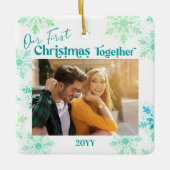 Onze eerste Kerstmis samen Foto Green Snowflake Keramisch Ornament (Voorkant)