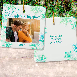Onze Eerste Kerstmis Samen Foto Groene Sneeuwvlok Keramisch Ornament