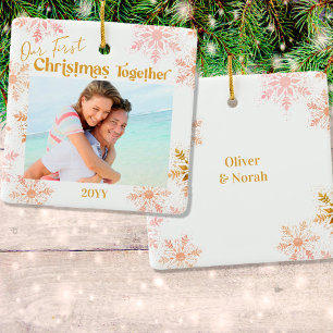 Onze Eerste Kerstmis Samen Foto Roze Goud Keramisch Ornament