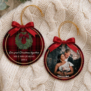 Onze Eerste Kerstmis Samen Geruite Foto Keramisch Ornament