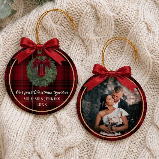 Onze Eerste Kerstmis Samen Geruite Foto Keramisch Ornament
