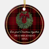 Onze Eerste Kerstmis Samen Geruite Foto Keramisch Ornament (Voorkant)