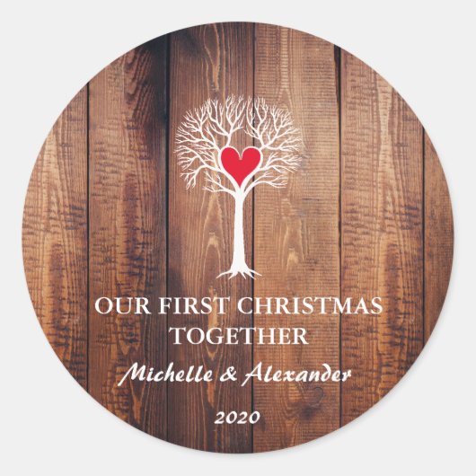 Onze eerste Kerstmis samen houdt van hout uit de r Ronde Sticker (Voorkant)
