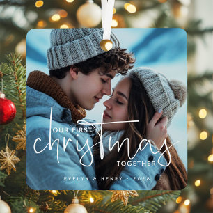 Onze Eerste Kerstmis Samen Koppel Foto Naam Metalen Ornament