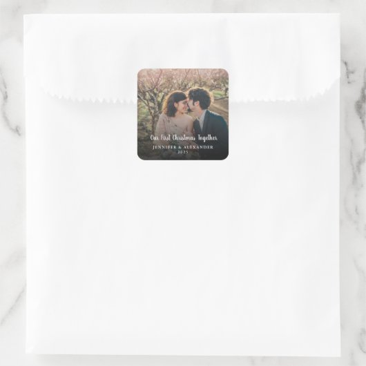 Onze eerste Kerstmis samen scriptfoto Vierkante Sticker (Tas)