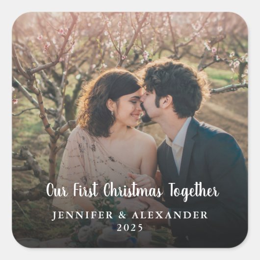 Onze eerste Kerstmis samen scriptfoto Vierkante Sticker (Voorkant)