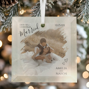 Onze Eerste Kerstmis Samen Trouwfoto Glas Ornament