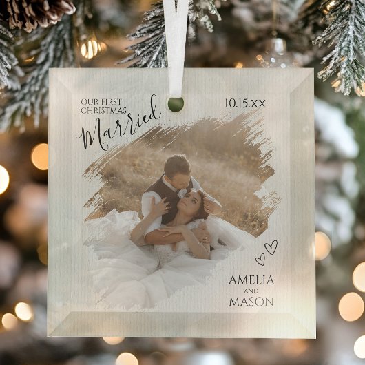 Onze Eerste Kerstmis Samen Trouwfoto Glas Ornament