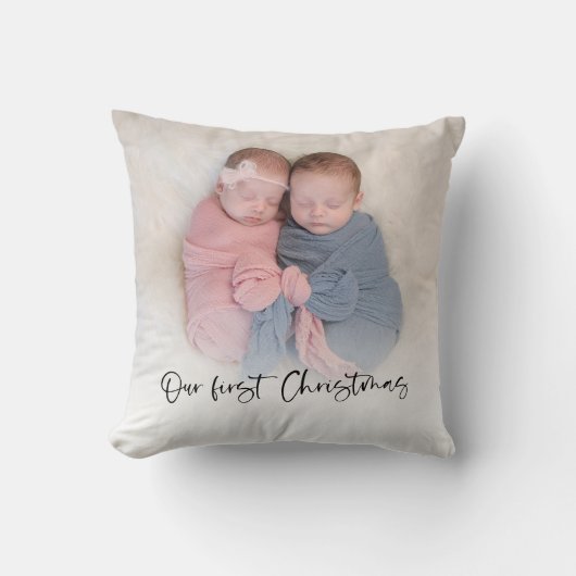 Onze Eerste Kerstmis Script Baby Twins Foto Kussen (Voorkant)