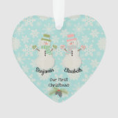 Onze eerste Kerstmis Sneeuwman Paar Hart Ornament (voorkant)