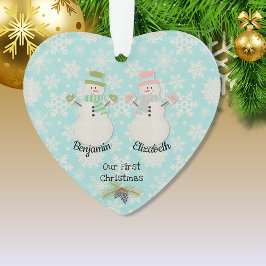 Onze eerste Kerstmis Sneeuwman Paar Hart Ornament