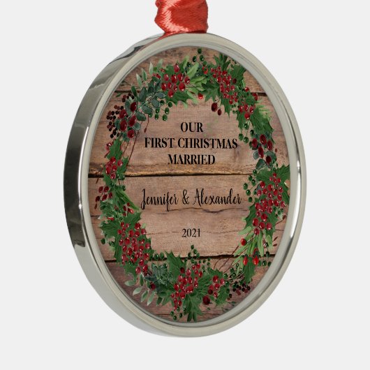 Onze eerste Kerstmis trouwde met bijtende bosbesse Metalen Ornament (Rechts)