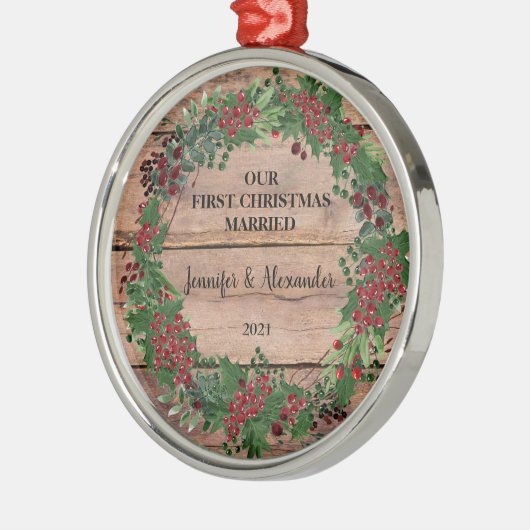 Onze eerste Kerstmis trouwde met bijtende bosbesse Metalen Ornament (Links)