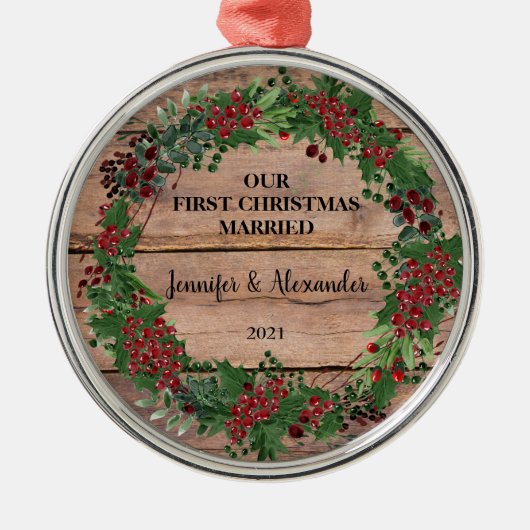 Onze eerste Kerstmis trouwde met bijtende bosbesse Metalen Ornament (Voorkant)