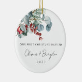 Onze eerste Kerstmis trouwde met Eucalyptus Keramisch Ornament (Rechts)