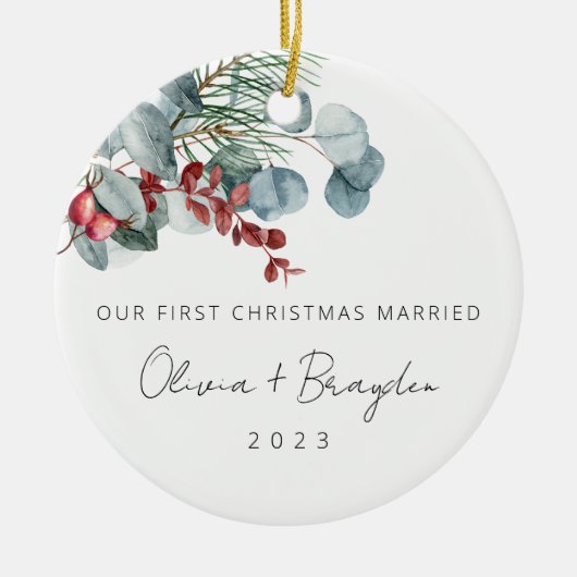 Onze eerste Kerstmis trouwde met Eucalyptus Keramisch Ornament (Voorkant)