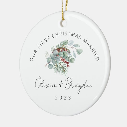 Onze eerste Kerstmis trouwde met Eucalyptus Keramisch Ornament (Links)