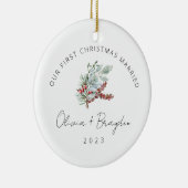 Onze eerste Kerstmis trouwde met Eucalyptus Keramisch Ornament (Rechts)