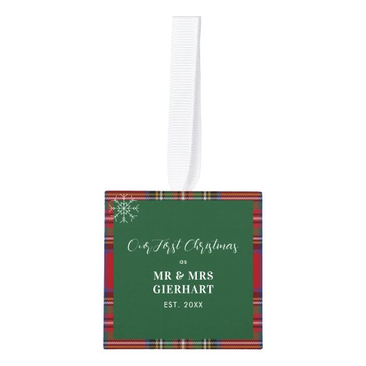 Onze Eerste Kerstmis Trouwfoto's Stewart Tartan Decoratie (Voorkant)